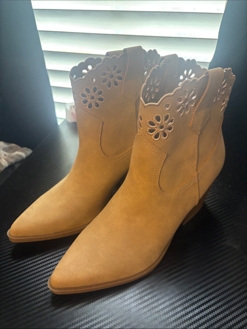 Indigo Tan Suede Western Cutout Floral Ankle Booties